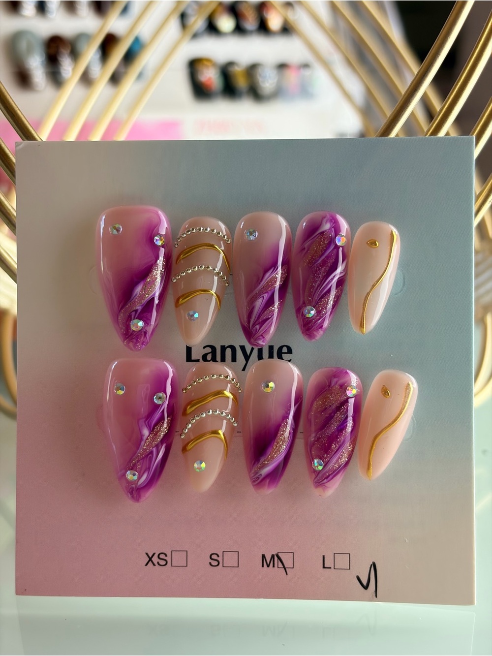 Purple Marble Press-On Nail Set with Gold Accents Medium